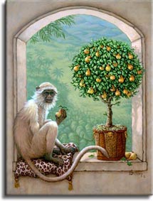 Monkey and Pear Tree, a painting of a monkey resting on a leopard skin pillow sampling a pear from a pear topiary tree, one of Janet Kruskamp's Original Oil Paintings, ,  by artist Janet Kruskamp