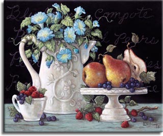 Morning Glories with Fruit - An antique coffee pitcher is used as the Morning Glories vase. A cake display and coffee cup are used in this oil painting to display fresh pears raspberries and grapes. Straw berries and grapes dance on the white linen, their bright color brings out the detail in the antique porcelain. The soft blue of the morning glories and the delicate vine wrapped around vase handle, it what makes this  canvas painting one of my personal favorites.       