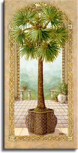 Palm Tree in Basket 2, a painting of a palm tree in a very decorative basket planter, inside an open arch and in front of another arch framing the garden of the palace, one of Janet Kruskamp's Original Oil Paintings, ,  by artist Janet Kruskamp