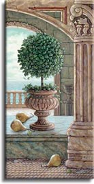 Pear and Topiary, a painting of pears fallen from a sculpted pear tree in marble arches and columns, one of Janet Kruskamp's original paintings,  by artist Janet Kruskamp