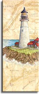 Portland Head Light,a painting of a lighthouse painted against a hand painted map, showing the region and the spot where the lighthouse is located, one of Janet Kruskamp's original paintings,  by artist Janet Kruskamp