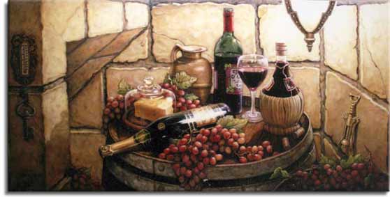 Private Reserve, a new painting by artist Janet Kruskamp shows a corner of the cellar with the owners private reserve sitting on top of an oak wine barrel. Included are a block of cheese under glass, a glass of red wine and the opened bottle behind it, bunches of red grapes and a tan pitcher. A champagne bottle and a chianti bottle fill up the overflowing barrel top. One of the Still Lifes Gallery of Original Oil Paintings and original paintings by Janet Kruskamp