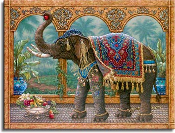 Rajah's Feast, an oil painting of a royal elephant who has broken his golden chain to feast on the fruits and flowers, one of Janet Kruskamp's original paintings,  by artist Janet Kruskamp