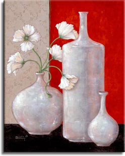 Janet Kruskamp's Paintings - Silver Leaf and Poppies II, an original oil painting of three beautiful silver leaf vases. One large bulbous vase holds white poppies with fringed petals. The center is commanded by a tall, cylindrial short necked empty round vase. The right vase is much smaller, with a narrow, delicate neck. The background is split between a dark rich red on the right, and a light gray pattern, with the vases sitting on a black suface. One of the Still Life Gallery of original oil paintings or  original paintings by the artist, Janet Kruskamp
