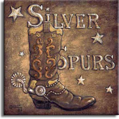 This beautifully nostalgic look at the Old West by artist Janet Kruskamp features an antique background with the words Silver Spurs embossed from behined through the background. A well broken in cowboy boot sits in front of and to the side of the title in the background, complete with a large silver spur firmly attached to the boot. A scattering of burnished embossed stars on the medium brown background completes the poster. Available in paper prints, original paintings, and limited availablity of original canvas paintings directly from the artist, Janet Kruskamp.