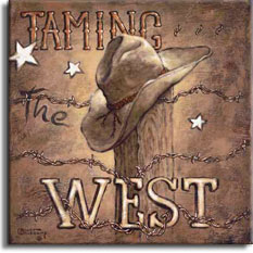 Taming the West, a new poster by renowned artist Janet Kruskamp, shows two iconic symbols, strands of barbed wire twisted around a wooden post and a battered cowboy hat worn a million dusty trail miles. The words Taming The West sit alternately behind and in front of the post, the barbed wire entwined around and through the word WEST across the bottom. Three small white stars sit on the dark brown background. Order an original painting of this poster today.