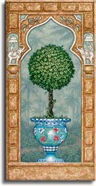 Temple Topiary 2, a painting of a carefully sculpted tree in a blue planter, one of Janet Kruskamp's original paintings,  by artist Janet Kruskamp