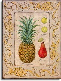 Pineapple, Limes, a Pear are displayed in second series of “Tropical Fruit.” Ms. Kruskamp used soft and tropical colors that give life to the fruit she has painted. The original painting has a detailed border of grapes and vines giving the painting that extra “Tropical” feel. Hand signed and personally enhanced by Janet Kruskamp.