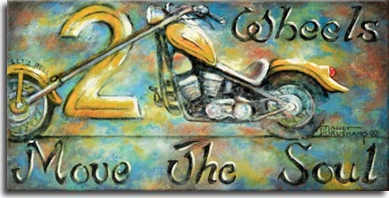 Two Wheels Move the Soul, a painting from artist Janet Kruskamp, shows a yellow colored chopper motorcycle with extended front fork. Flared funders and a custom seat pitched up toward the high handlebars complete the cycle. The mottled background of blues,yellows and browns shows rusty wear on the right side. This new painting is available directly from the artist.