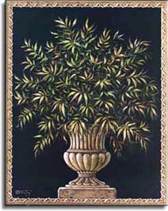 Urn with Plant, a painting of a classical style round urn sitting atop a thin square base. The urn holds a thick spreading green plant with small leaves and the painting is bordered by a dimensional frame, looking like it was wrapped in cord, a new giclee , personally enhanced and by artist Janet Kruskamp .