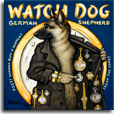 Watch Dog, a poster painting by Janet Kruskamp, offers a whimsical look at the German Shepherd breed of dogs. Portraying the Shepherd as a shady corner watch seller, the dog wears a long coat festooned with watches for sale inside and out. He points to a watch on the opened right side of his coat while looking to the left. A dark blue background features a watch graphic behind the dog with WATCH DOG, GERMAN SHEPHERD emblazoned across the top. Around the sides of the large watch in the background are the phrases PSST! WANNA BUY A WATCH? and IZZAT THE COPS? A fabulous gift for the German Shepherd lover from artist Janet Kruskamp.