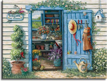 Janet Kruskamp's Paintings - Welcome to My Garden, a painting of the garden potting shed with the tools of the trade, a watering can, hat, apron and spade hanging from the back of the opened door. Flowers and pots fill the inside potting bench. One of the Gardens and Florals Gallery of Original Oil Paintings and  original paintings by Janet Kruskamp