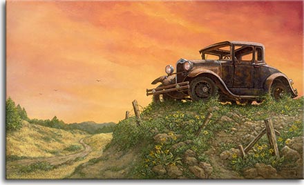 Janet Kruskamp's Americana painting: OUT TO PASTURE, depicts a well-used,well loved Model A Ford that has been lovingly parked for the last time on a rise overlooking a narrow dirt road. A magnificent orange sunset paints the sky behind this rusting relic of the past. A broken down wooden and barbed wire fence runs along the edge of the bluff, the pieces scattered among the rocky soil highlighted by patches of green.Yellow wild flowers pay honor to a trusty family car that has carried 3 generations of one family, safely over that country road below. One can only wonder of the many stories this history changing automobile could tell.