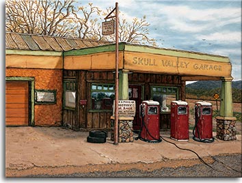 A vintage service station with three red pumps in a southwestern setting. An older building houses the SKULL VALLEY GARAGE in Arizona with a for sale sign asking you to own a piece of history. The one lane canopy's two pillars are supported by bases of rock. Green hills in the background are in front of the road highlighted by a faded yellow sign saying